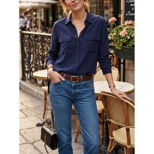 NWT Equipment Signature Silk Shirt Blouse Peacoat Navy Size XS $218